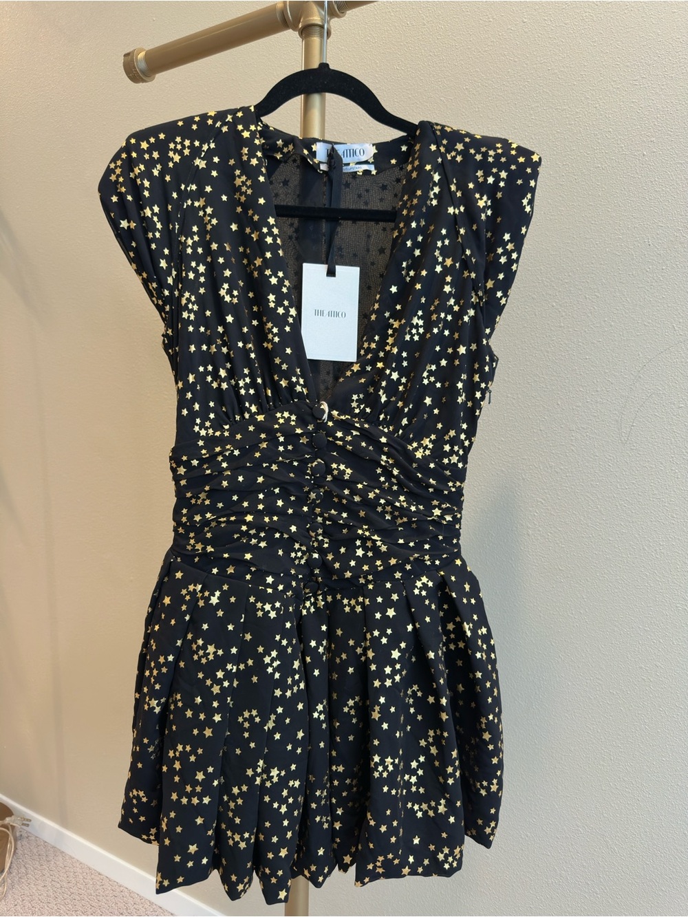 The Attico Black & Gold Star-Print Mini Dress